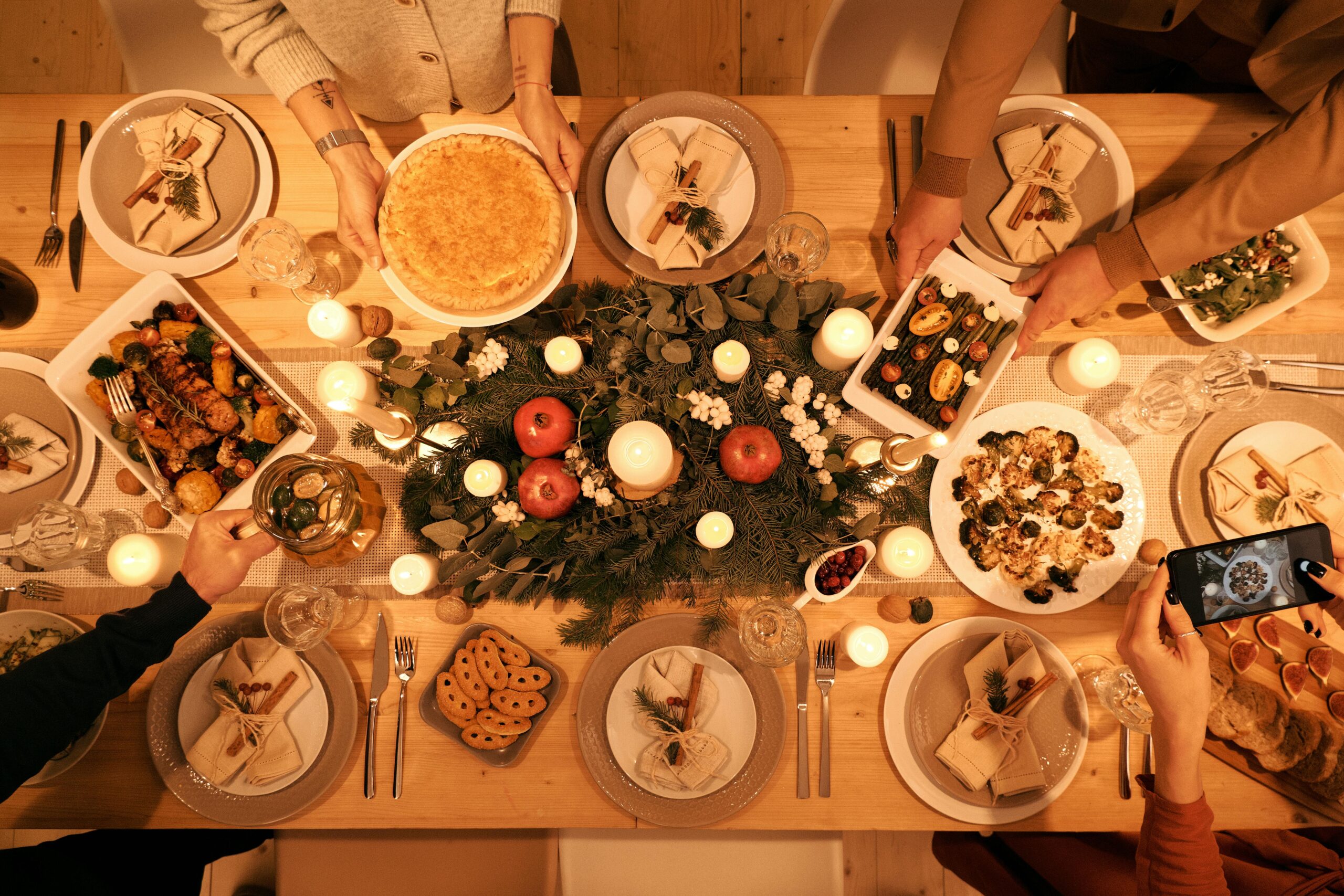 holiday table. Elderly parents caring for